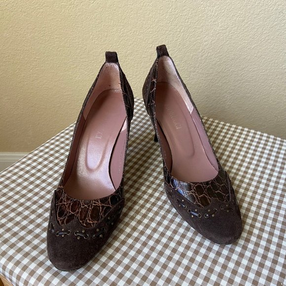 Fiorucci Leather Heel Croc Pattern Suede Pump Brown Size: 36 (US:6) - Picture 2 of 12